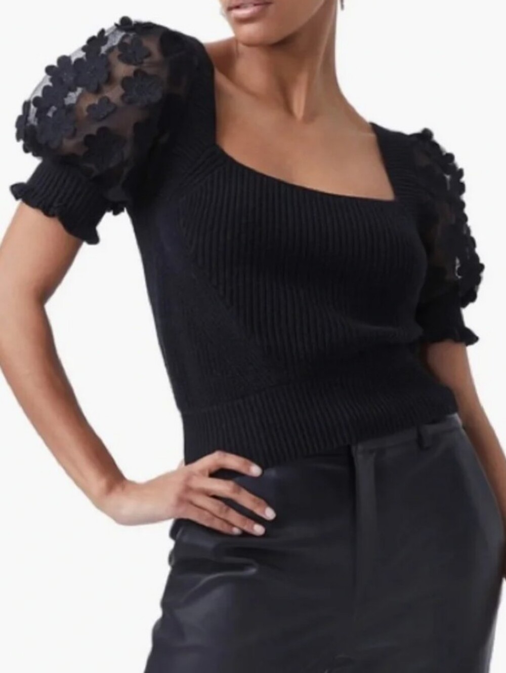 French Connection Juliet Mozart Caballo Black Puff Sleeve Sweater / Size Small